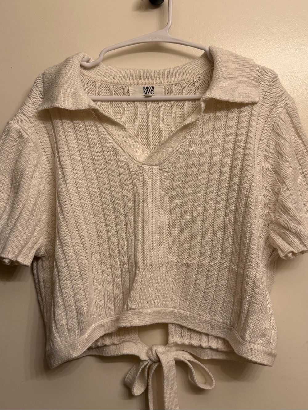 Madden NYC Cream Ribbed Tie-Front V-Neck Sweater